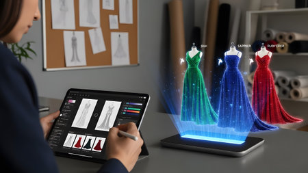 Fashion designer uses tablet to view holographic dresses in a studio setting. Clear details and v...