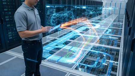 Technician in server room interacts with holographic network data on a tablet. Clear details and ...