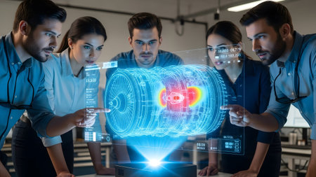 A diverse team observes a holographic jet engine schematic with detailed technical data.