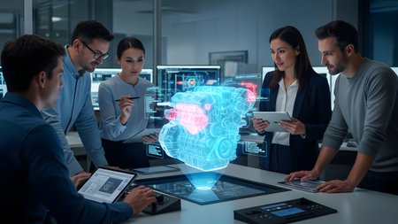 A diverse team discusses a glowing holographic 3D engine model in a modern office. Clear details ...