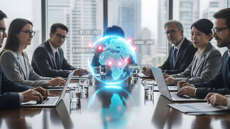 Diverse business people in a meeting room looking at a glowing globe with financial data.
