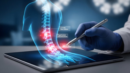 Doctor in blue gloves points to glowing spine on tablet showing L4-L5 herniation. Clear details a...