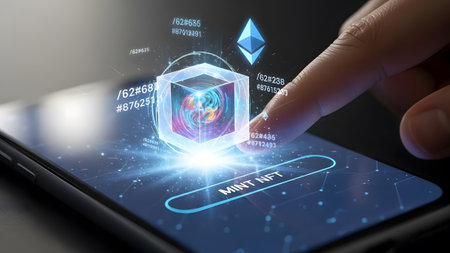 Finger touches phone screen displaying holographic NFT cube and Ethereum symbol. Clear details an...の写真素材