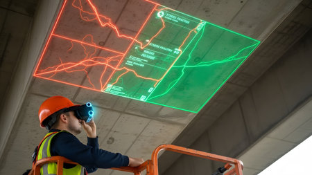 Engineer in VR headset inspects bridge with holographic overlay showing cracks. Clear details and...