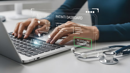 Doctor using laptop with patient dashboard for telehealth connection and stethoscope Clear detail...