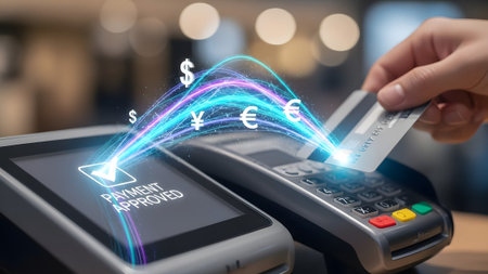 Credit card inserted into payment terminal with glowing currency streams and approved message