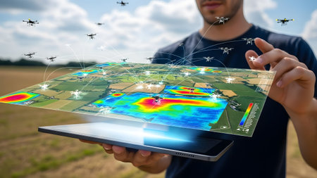Man holds tablet displaying drone data map over a green agricultural field with flying drones.の写真素材