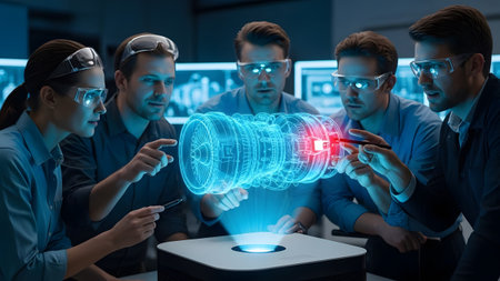 Engineers wearing safety goggles focus on a glowing holographic jet engine projection. Clear deta...