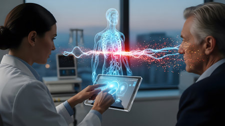 Doctor and patient observe a glowing hologram of the human circulatory system on a tablet.
