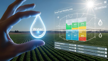 Hand holding holographic display of smart soil moisture data over a green field. Clear details an...