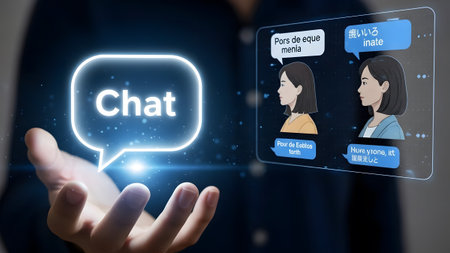 Hand displays chat bubble with multilingual communication interface showing translation.