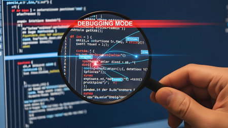 A hand holds a magnifying glass over a computer screen showing code in debugging mode. Clear deta...