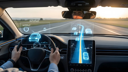 Autopilot showing driver using augmented reality interface for autonomous driving on a road...