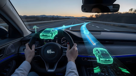 Driver's hands on steering wheel of car with holographic display showing traffic and speedの写真素材