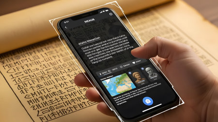 Hand holding smartphone with AR app displaying ancient history information