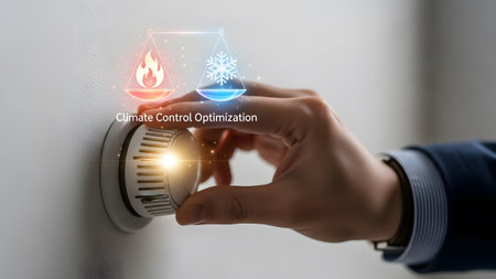 Hand adjusts thermostat with icons representing heating and cooling balance Clear details and vib...