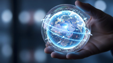 Hand holding a transparent sphere with a glowing digital earth and network connections Clear deta...の写真素材
