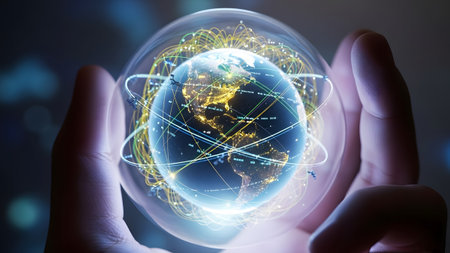 Hands cradle a glowing sphere containing a digital Earth with intricate network connections.の写真素材