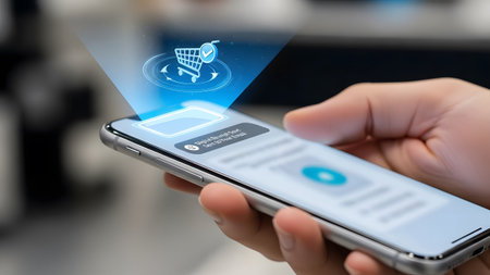 Hand holding smartphone displaying online shopping interface with shopping cart icon Clear detail...