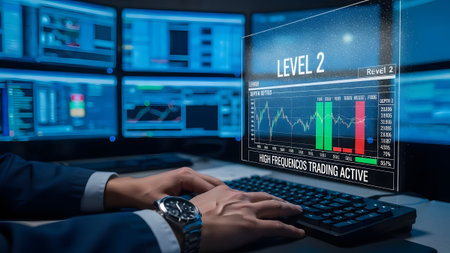 Hands on keyboard with stock market Level 2 data on holographic display Clear details and vibrant...