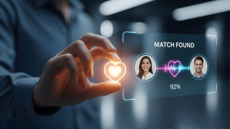 Person touches glowing heart icon near dating app screen showing match found with two people