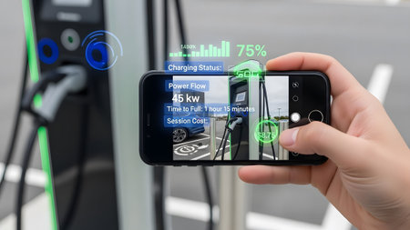 Smartphone displays AR data overlaying electric car charging station information and status.
