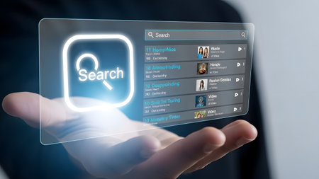 A hand holds a holographic screen showing a search interface with user profiles and videos.