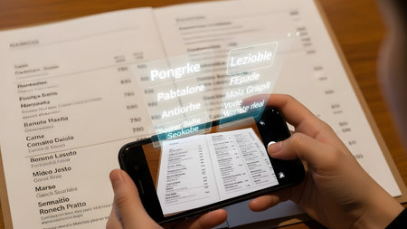 Smartphone scanning a restaurant menu with AR overlay showing translated text and prices.
