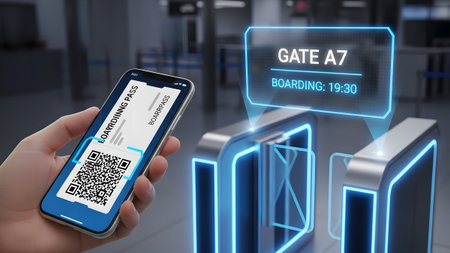 Smartphone displaying mobile boarding pass scanned at a futuristic airport gate with blue light.