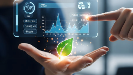 Hands hold a holographic display showing environmental data and a glowing green leaf icon.