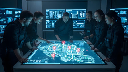 People intently studying a holographic city map with red location markers in a dimly lit room.