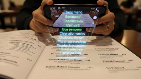 Restaurant showing smartphone scanning restaurant menu with holographic text and translations...