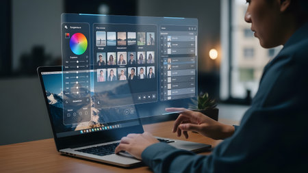 Person using laptop with holographic interface displaying photo editing software and imagesの写真素材
