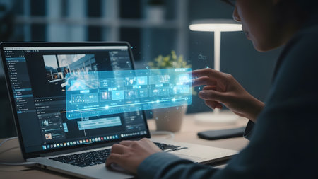 Person editing video on laptop with holographic timeline and desk lamp in background Clear detail...