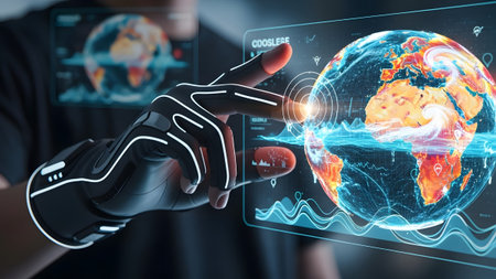 Futuristic gloved hand interacts with a glowing holographic Earth and data interface. Clear detai...の写真素材