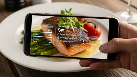 Smartphone displaying nutritional data and ingredient sourcing for a salmon dish. Clear details a...