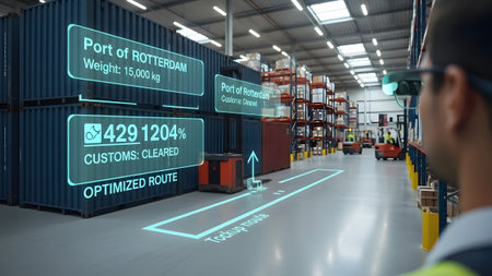 Warehouse worker views AR overlay showing shipping container data and optimized route. Clear deta...