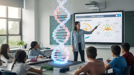 A teacher points to a holographic DNA and a diagram explaining cellular respiration to students.の写真素材