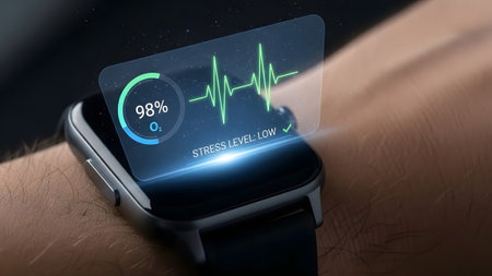 Smartwatch displays holographic health metrics like oxygen saturation and low stress level.