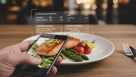 Smartphone displays nutritional data and allergens for a plate of salmon and asparagus. Clear det...