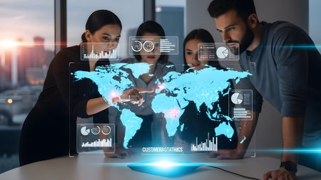 A team points at a holographic world map displaying business data and analytical charts.