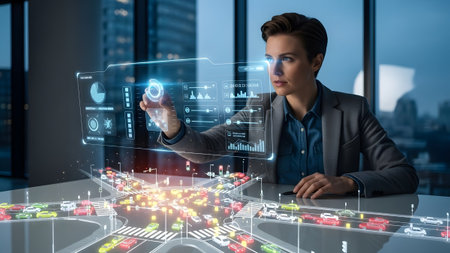 Woman touches a holographic display showing a complex traffic network and data analytics.