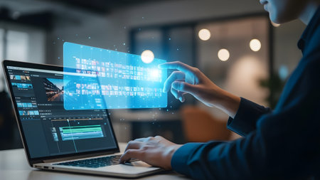 Person editing video on laptop with interactive holographic timeline interface Clear details and ...