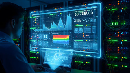 A technician analyzes server data on a large, glowing holographic display in a server room.