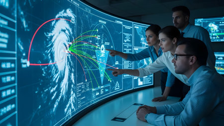 Team of analysts tracking hurricane trajectory on a massive interactive screen with data...