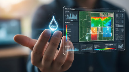 Hand holding holographic screen showing smart farm irrigation data with water drop icon.