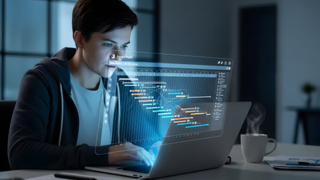 Management showing young man working on holographic project management software. High resolution...