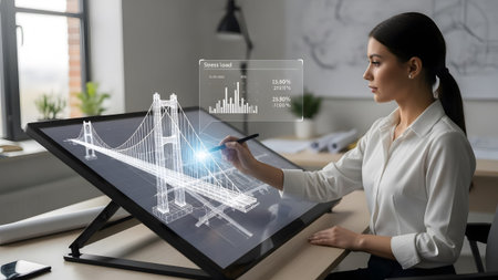 A woman designer examines a holographic bridge blueprint on a large digital display. Clear detail...