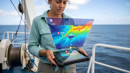 Woman on boat views tablet with holographic sonar map showing whale and depth data Clear details ...