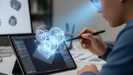 Young designer using stylus on tablet with holographic 3D engine model Clear details and vibrant ...